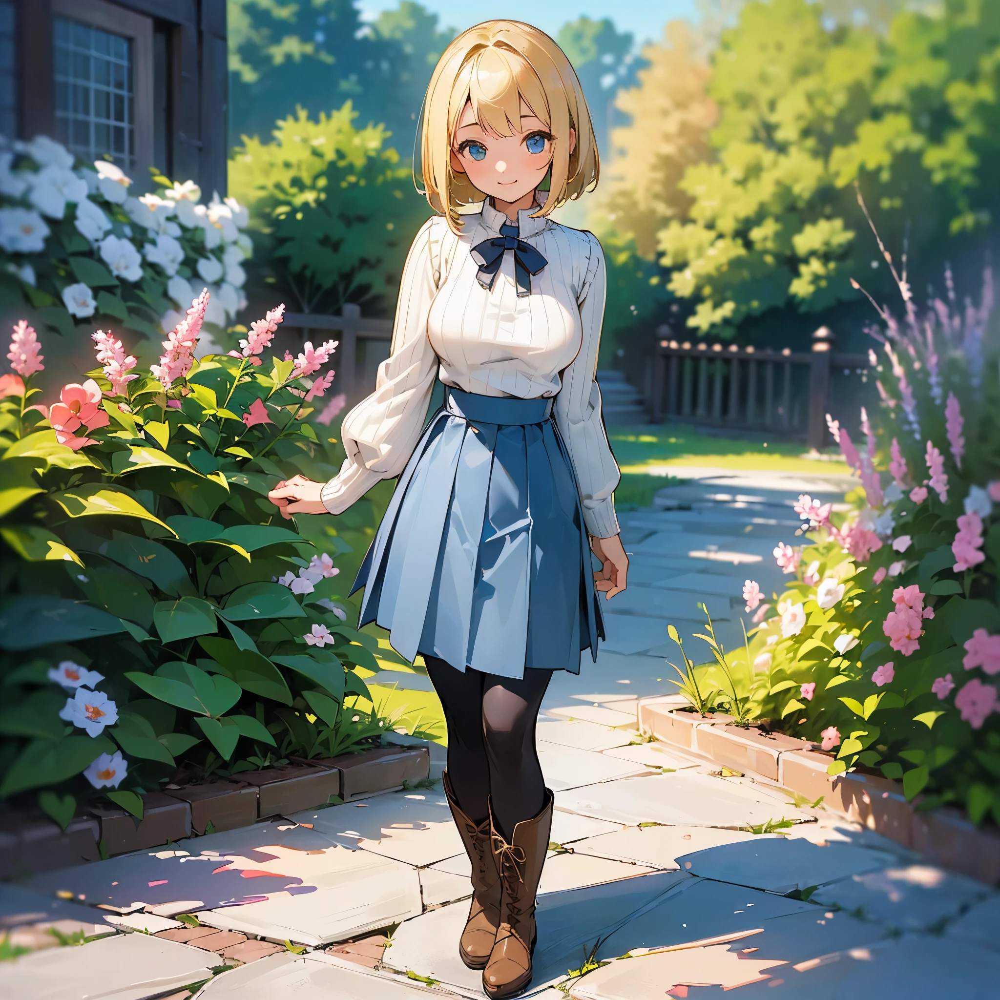 (high quality, High resolution, Very detailed, reality:1.37), Peaceful atmosphere, (Outdoor, garden),  girl standing alone, (my breasts are big.), Beautiful details, Cute Smile, (Blonde Bob Hair), Ribbed sweater, Blue Skirt, Black tights, Brown boots.