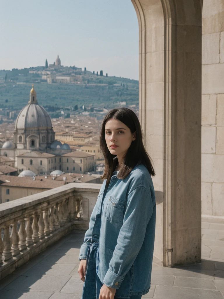 her name is Amelie, high quality, 1girl, ((25-year-old fit Caucasian woman)), ((25 years old)), ((SLIM)), ((Micro Bob dark hair)), pose: standing, wearing Popular Generation-Z modern wear elegant colored, BACKGROUND:"From Piazzale Michelangelo, with an unobstructed view of the Duomo and the historic city center."