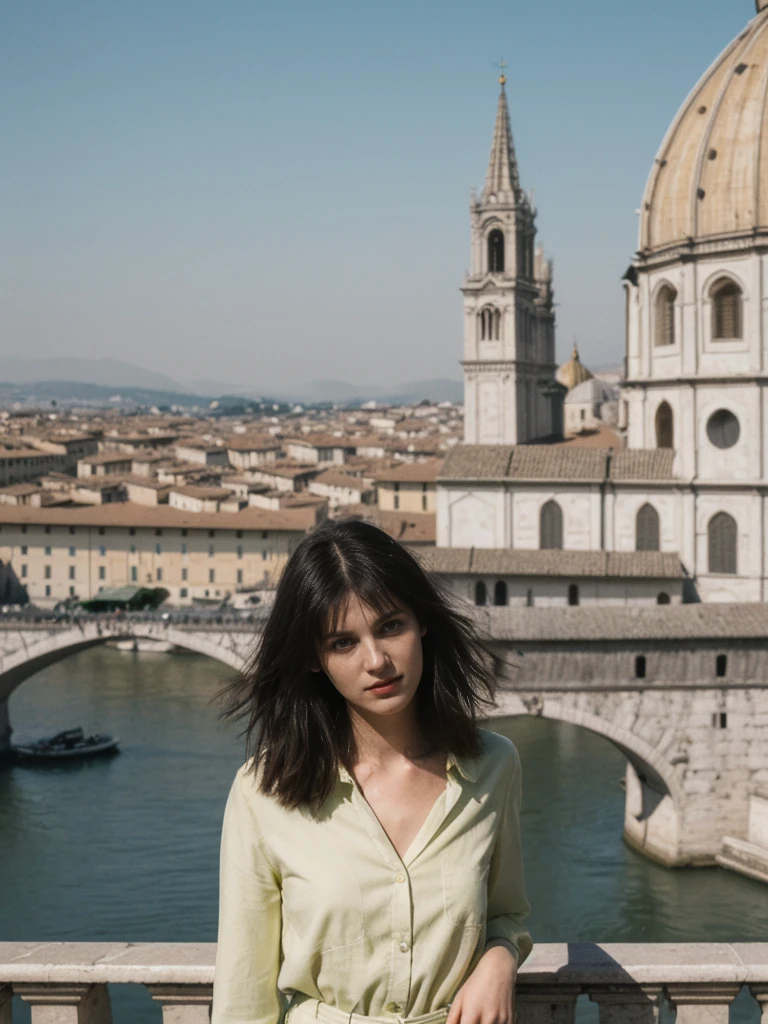 her name is Amelie, high quality, 1girl, ((25-year-old fit Caucasian woman)), ((25 years old)), ((SLIM)), ((Micro Bob dark hair)), pose: standing, wearing Popular Generation-Z modern wear elegant colored, BACKGROUND:"From Piazzale Michelangelo, with an unobstructed view of the Duomo and the historic city center."