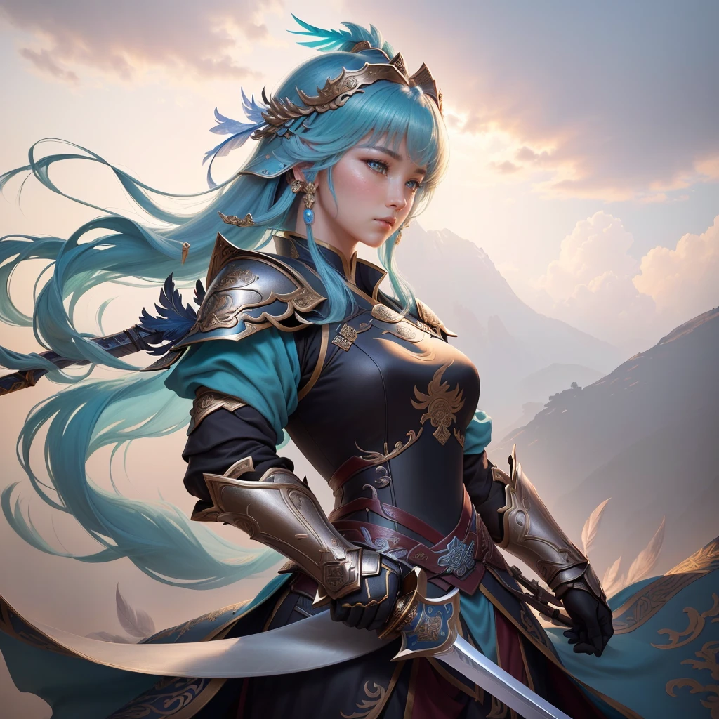 a woman in armor holding a sword and a feather, zhao yun, by Ju Lian, by Qu Leilei, chinese warrior, inspired by Shen Zhou, inspired by Li Mei-shu, by Li Zai, g liulian art style, a beautiful woman warrior, inspired by Li Rongjin, inspired by Ju Lian, beautiful character painting, xianxia hero, Highly detailed CG unit 8k wallpaper, masterpiece, High resolution, highest quality, highest quality real texture skin, Super Real, Digital Painting, Best image quality, 最High resolution, 8k, ((Highly detailed eyes and face, Beautiful eyes every detail)), profile, 兜をかぶっている,