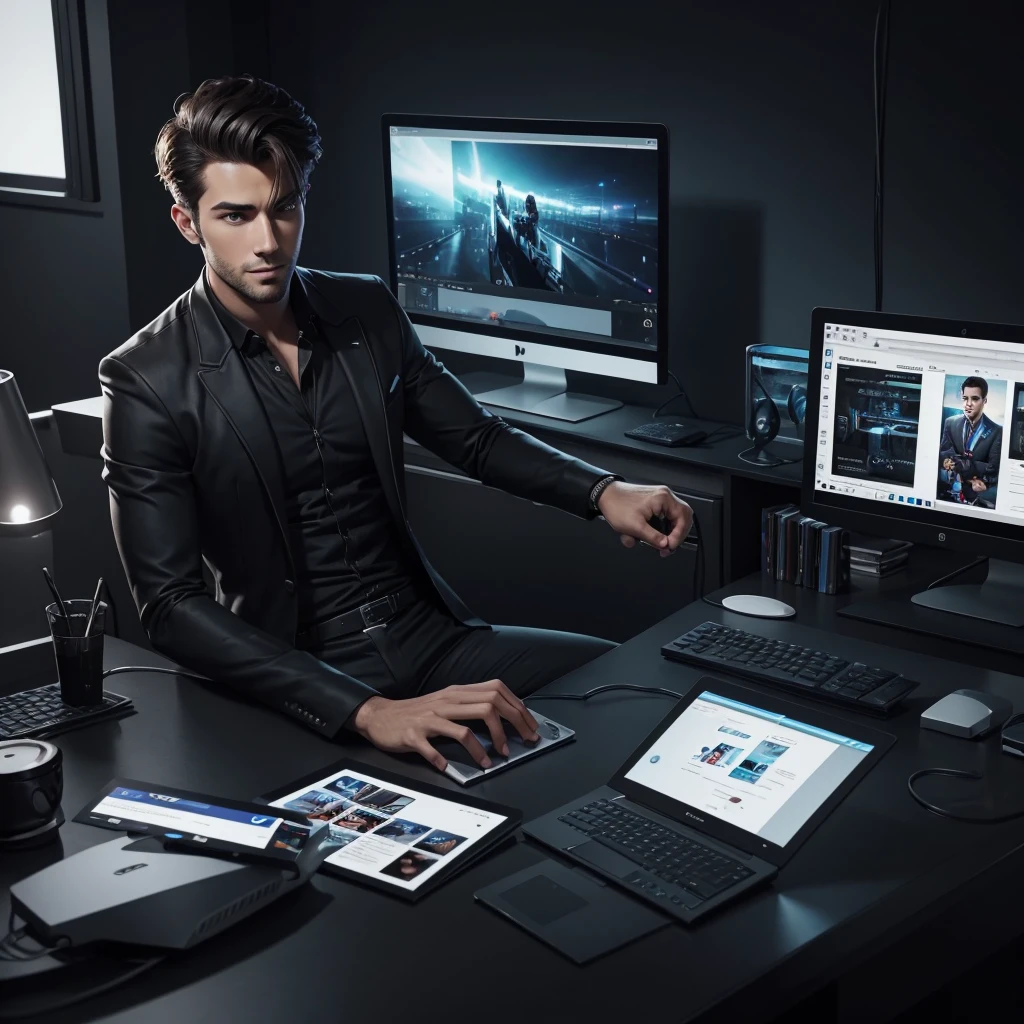 Handsome man using his pc editing videos for his youtube channel dark mod