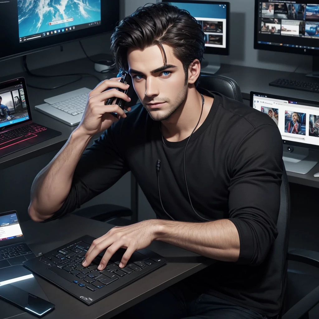 Handsome man using his pc editing videos for his youtube channel dark mod