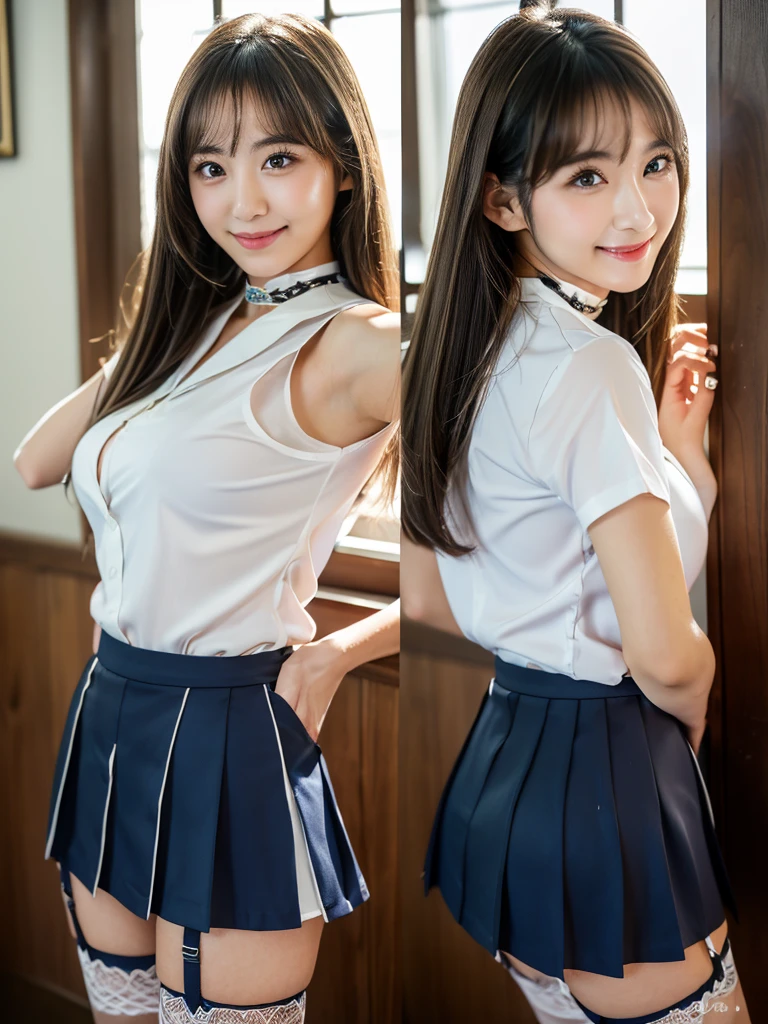 (Cowboy Shot:1.3),( masterpiece, Highest quality), 8k, ((Perfect Anatomy:1.2)),Beautiful Japanese Woman,,(One person:1.3), 20-year-old, Small face,(Cute Face:1.2),smile, Large breasts, ,Beautiful and detailed, Evenly spaced 1.2, Platinum blonde long hair,（Random Hairstyles）, (Highly detailed face and skin texture), Golden ratio beautiful face,White skin,(secretary:1.2),Random sexy poses、(Exposing the valley:1.3),(Exposing your thighs:1.2）,Gal Makeup,豪華な部屋で大胆なmini skirtをはいた23歳の女性, mini skirt,uniform,Japanese women,Bronze haired Japanese gal,Rear View, Bold Pose，Office Suits, Black Stockings, garter belt, White blouse, Choker Necklace, smile,Young and cute Japanese gravure idol, Japanese young gravure idol, Young Japanese sensual gravure idol, Young and slim Japanese gravure idol, Tabletop, Highest quality, Highly detailed RAW color photos, Professional Photos
