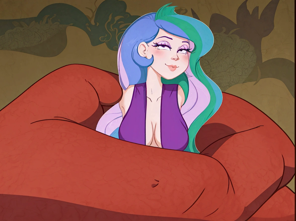 cartoon of a woman with blue hair and a purple dress, holding a pudica pose, sexy pudica pose gesture, windy mane, anthropomorphic mare, doing a hot majestic pose, celestia, serpentine pose, furr covering her chest, scales covering her chest, pudica pose, relaxed pose, wistful bosom, satisfied pose