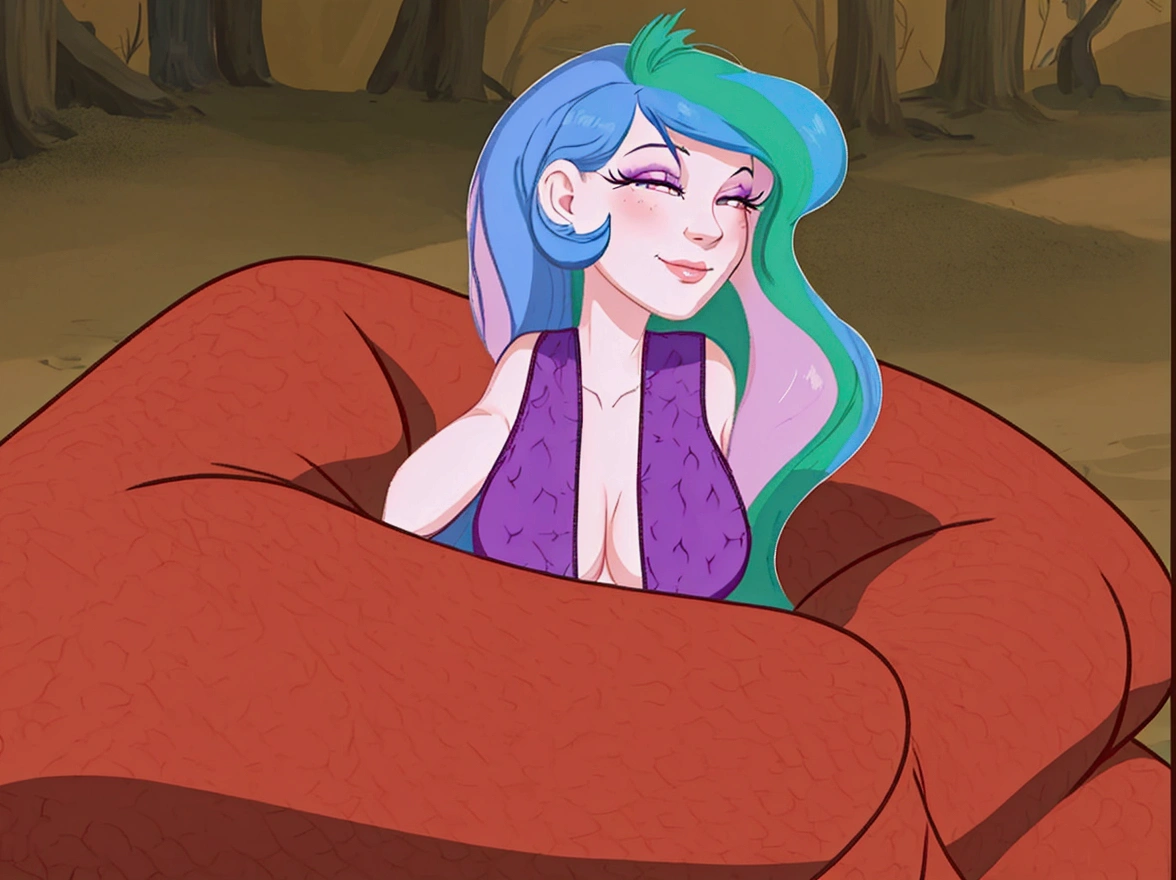 cartoon of a woman with blue hair and a purple dress, holding a pudica pose, sexy pudica pose gesture, windy mane, anthropomorphic mare, doing a hot majestic pose, celestia, serpentine pose, furr covering her chest, scales covering her chest, pudica pose, relaxed pose, wistful bosom, satisfied pose