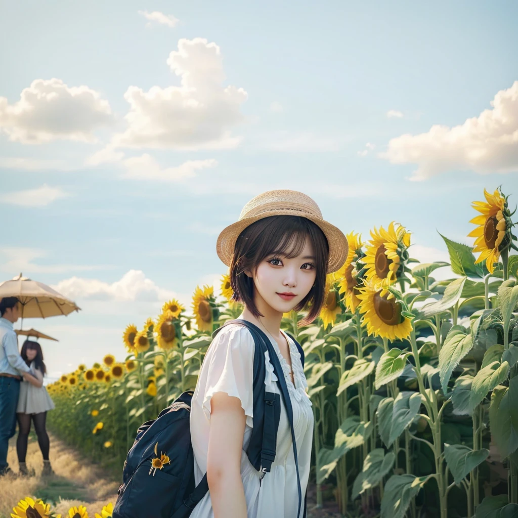 バックパックを背負った女性がSunflower fieldに立っている, Beautiful sunflower anime girl, scene : Sunflower field, scene: Sunflower field, Background sunflowers, Shot with the Nikon Z9, Photo taken with a Canon 5D, Shot with Canon EOS 5D Mark IV, color ( Sony a 7 r iv, Ulzzang