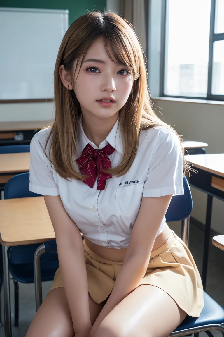 16K quality、最high quality, High resolution, Actual Photos, (Ultra-realistic、Realistic)、((Full body portrait))、(((very beautiful blonde teenager)))、 ((sitting on a chair in the classroom))、 (((blonde)))、 ((Shiny Hair、stick out one ear、Medium Long Hair))、(blue eyes)、((Idols in Nogizaka uniforms))、blazer、Neck ribbon、Checked mini skirt、Brown Loafers、(Big eyes、Very beautiful and subtle makeup, Light makeup, blondeの美しい髪)、((Her legs are spread open and her miniskirt is rolled up to show off her White panties.))、((Do not hide your panties))、(White panties)、Highly detailed eyes and face、Well-groomed nose、Thin eyebrows、(Perfect Eyes）、Perfect hands、Perfect Fingers、 (F Cup Big)、はっきりしたdouble eyelid、Patchy Eyes、clear, Beautiful face and well-proportioned eyes, ( Very beautiful and subtle makeup, Light makeup、Well-groomed nose、Thin eyebrows), Border Light, (Soft Light, high quality, Smooth and sharp, 10x pixelation, Beautiful Eyeshadow),（(Browsing Caution))、((Ecstatic expression、reach sexual climax))、Mouth open loosely、Sexy mouth、(Cute Japanese Girl)、 smile、Fine and beautiful lips , Cute round face, Plump thighs、Accentuate your thighs、Hairstyles with bangs、Delicate body、slim、Light-reflecting skin、Model body type、Detailed fingers、Beautiful Eyes、Long eyelashes、８Head and Body、Low Angle、Light reflected in the eye、Makes your face smaller、double eyelid、Big eyes、Lip gloss、Looking into the camera、Background blur、Cinema lighting from the front、Light on the face、Topless、Nipples sticking out