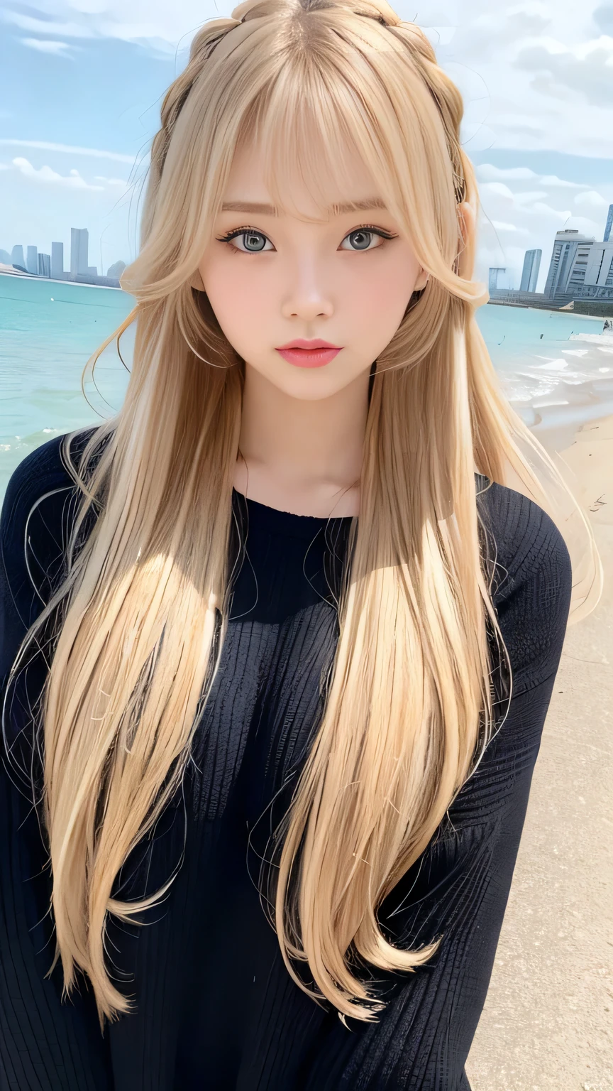 Sexy Big 、Sexy cute looks and cute 15 year old beautiful girl, beautiful and sexy face、A strong wind blows my hair in front of my face、beautiful long blonde French braided hair、beautiful, Cute and sexy eyes hidden behind long bangs