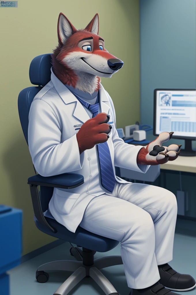 Joachim Wolfbach (Zootopia),tall handsome, wolf,young, 24 years, brown fur,(red body:1.3),Blue eyes, Moscow Dressed, red headdress,in a white medical gown,shirt pants,shoes,tie,black pantsblue, stethoscope, pediatrician,canine, wolf, detailed fur, Male, antro, paw pads, finger claws,Prays, at viewer, 5 fingers, paws, 5 fingers, smile, happy, resting, wrist watch,stethoscope,looks at the monitors, т nextel, sitting at home in the medical intensive care unit,by xenoforge, (difficult, high detail, digital, photo, soft focus, RAW, pilot by training,ulba,tender, very kind, sincere, advises, patient, детский pediatrician,
photorealism, realistic, photorealistic, analog style, subsurface scattering,
masterpiece, Best quality, ultra realistic, 8 K)