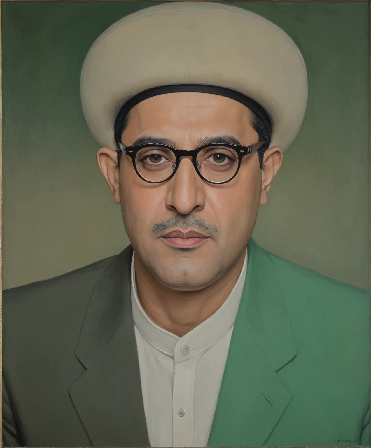 painting of a man in a hat and glasses wearing a suit, inspired by Abdur Rahman Chughtai, traditional portrait, oil on canvas, mohamed chahin, ahmad merheb, hicham habchi, mahmud barzanji, painting of a man, inspired by Ahmed Karahisari, inspired by Ahmed Yacoubi, by Abdullah Gërguri