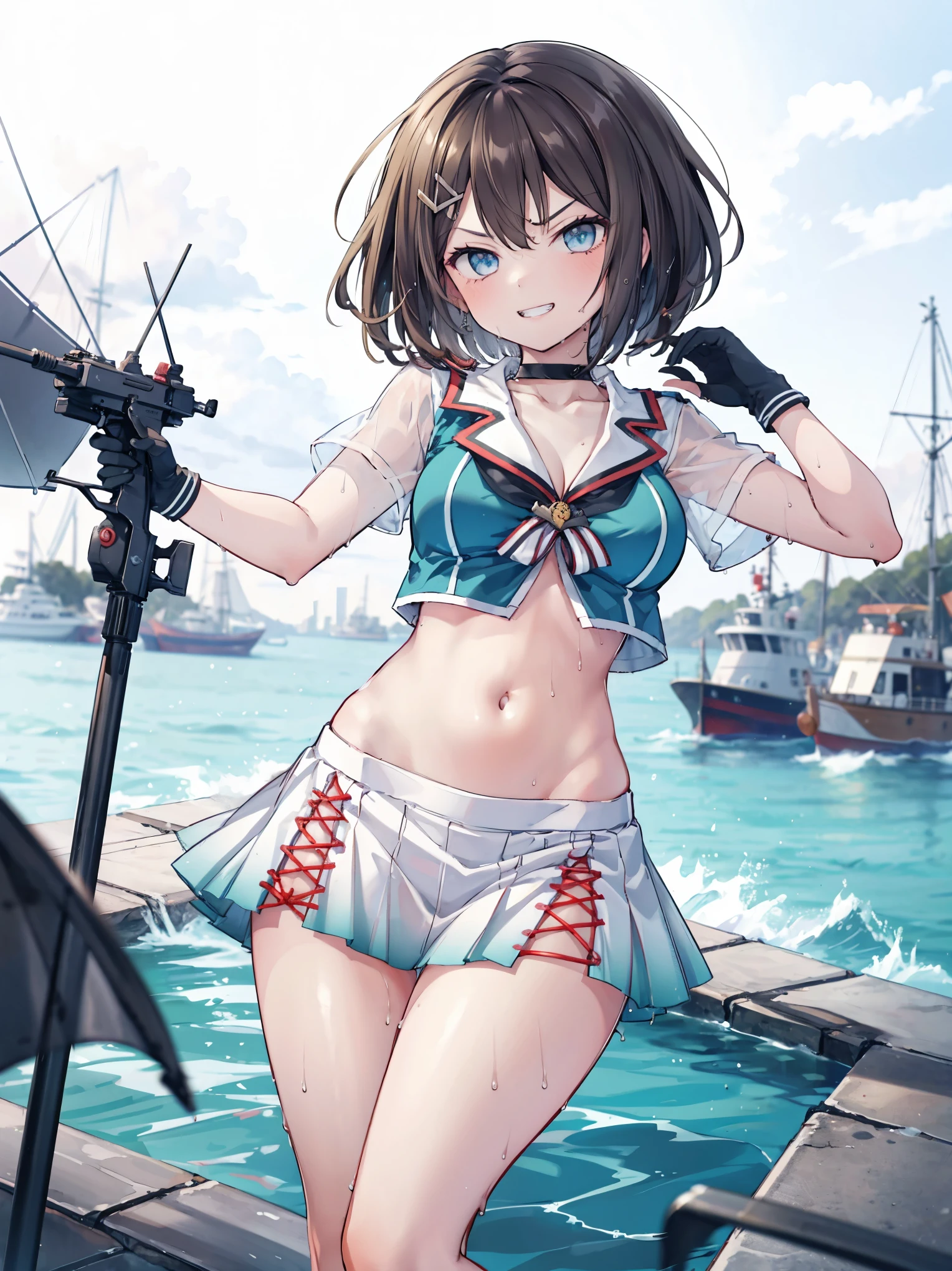 1young_teen_ girl, , brown_hair, medium_bob_hair, blue_midriff_baring_sailor_uniform, mini_skirt, short_sleeve, thighs, big_breasts, angry, smile, grin, standing, harbor_background, slightly_spread_Legs, happiness, short_gloves, wet,,covered_nipples, covered_crotch,Maya_flag,