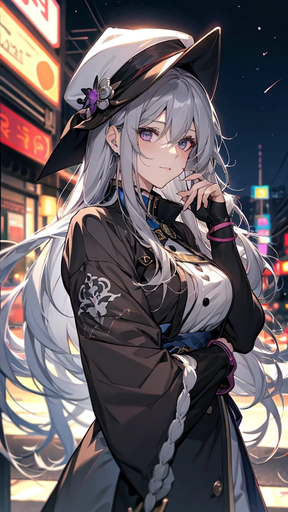 Anime girl with long white hair and purple hat, Gray-haired, perfect Gray-haired girl, Gray-haired少女, サイボーグ - Silver Haired Girl, Gray-haired, Cyberpunk Anime Girl, Nightcore, Gray-haired deity, Girls Frontline Style, Portrait Anime Astronaut Girl, Silver Haired Girl, Gweiz-style artwork
