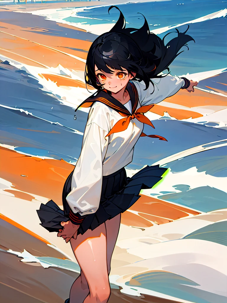 Highest quality,One Girl, Shortcuts,masterpiece, High resolution, Anatomically correct, Orange eyes,far and near method, Anime Style, Black Hair, The legs are detached from the frame, Sailor suit,Pleated skirt,Rainy morning beach, Sunburn,Slanted Eyes, Are crying, smile
