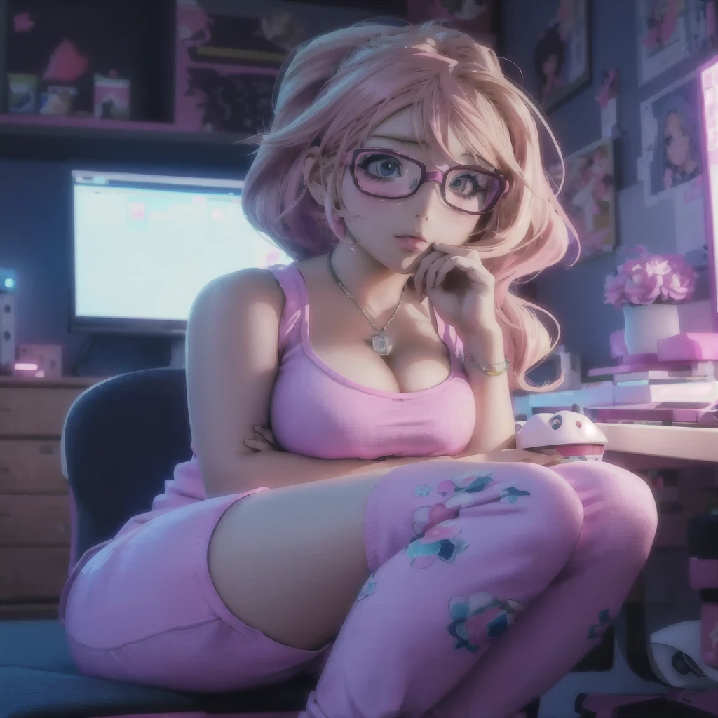 anime girl in pink outfit sitting in front of computer desk, nerdy, huge tits, hyperrealistic , anime style. 8k, 8k high quality detailed art, nerdy appearance, seductive anime girl, rendered in sfm, 3d anime girl, a hyperrealistic , belle delphine, realistic anime 3 d style, anime styled 3d