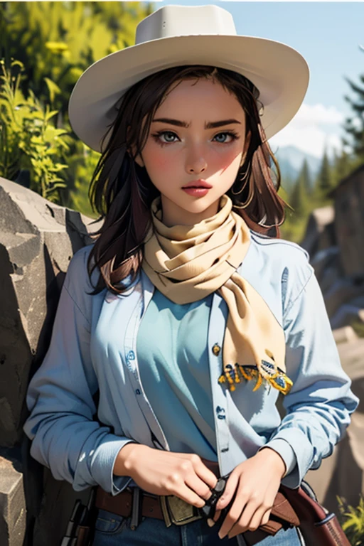 Highest quality High resolution Western Wilderness Cute girl in gunfighter clothes Ten-gallon hat Revolver pistols jeans gun belt A scarf is wrapped around the neck The background is the wilderness:1.8