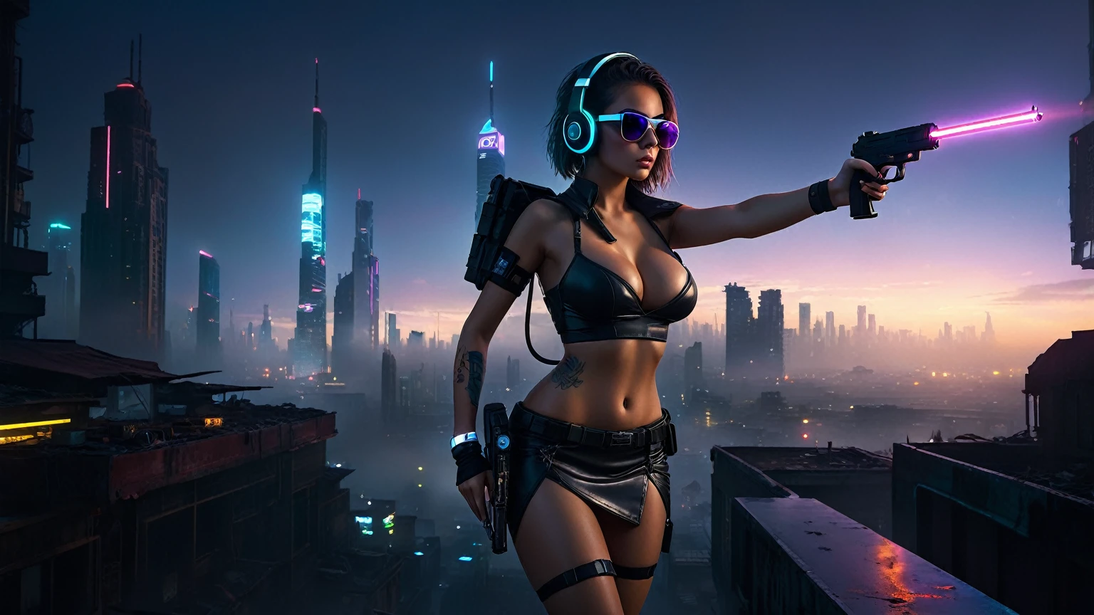 dark futuristic landscape, at night, neon lights, Atmospheric fog, large buildings in the background, futuristic city, streets with open shops, skyscraper (postapocalyptic city:1.3). (((1girl, solo, alone))), large-breast:1.2 slim body, cleavage:1.1, sexy miniskirt, (((headphone, black sunglasses, standing and holding pistol pose))), (((half-body thigh level medium shot))), cinematic lighting, lens flare, ray tracing.