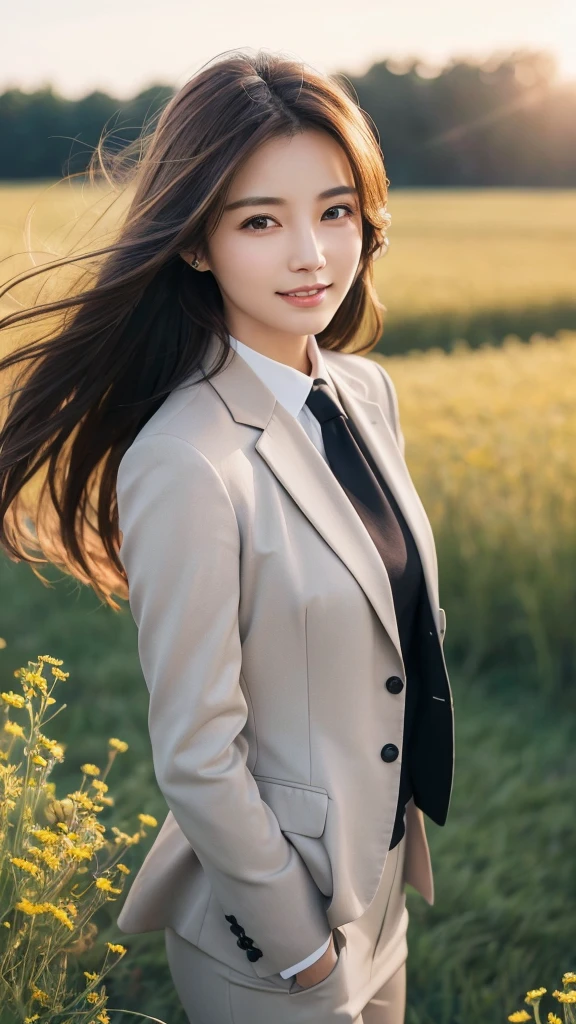 highest quality、genuine、Super detailed、finely、High resolution、8k wallpaper、one beautiful woman、、、light brown disheveled hair、wearing a business suit、sharp focus、perfect dynamic composition、beautiful and detailed eyes、thin hair、Detailed genuine skin texture、smile、model body shape、In a windswept meadow