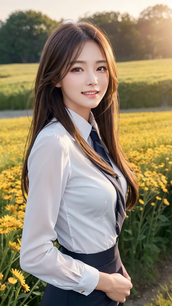 highest quality、genuine、Super detailed、finely、High resolution、8k wallpaper、one beautiful woman、、、light brown disheveled hair、wearing a business suit、sharp focus、perfect dynamic composition、beautiful and detailed eyes、thin hair、Detailed genuine skin texture、smile、model body shape、In a windswept meadow