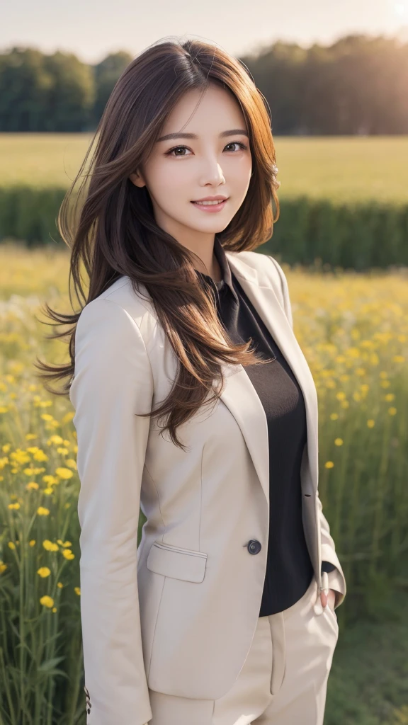 highest quality、genuine、Super detailed、finely、High resolution、8k wallpaper、one beautiful woman、、、light brown disheveled hair、wearing a business suit、sharp focus、perfect dynamic composition、beautiful and detailed eyes、thin hair、Detailed genuine skin texture、smile、model body shape、In a windswept meadow
