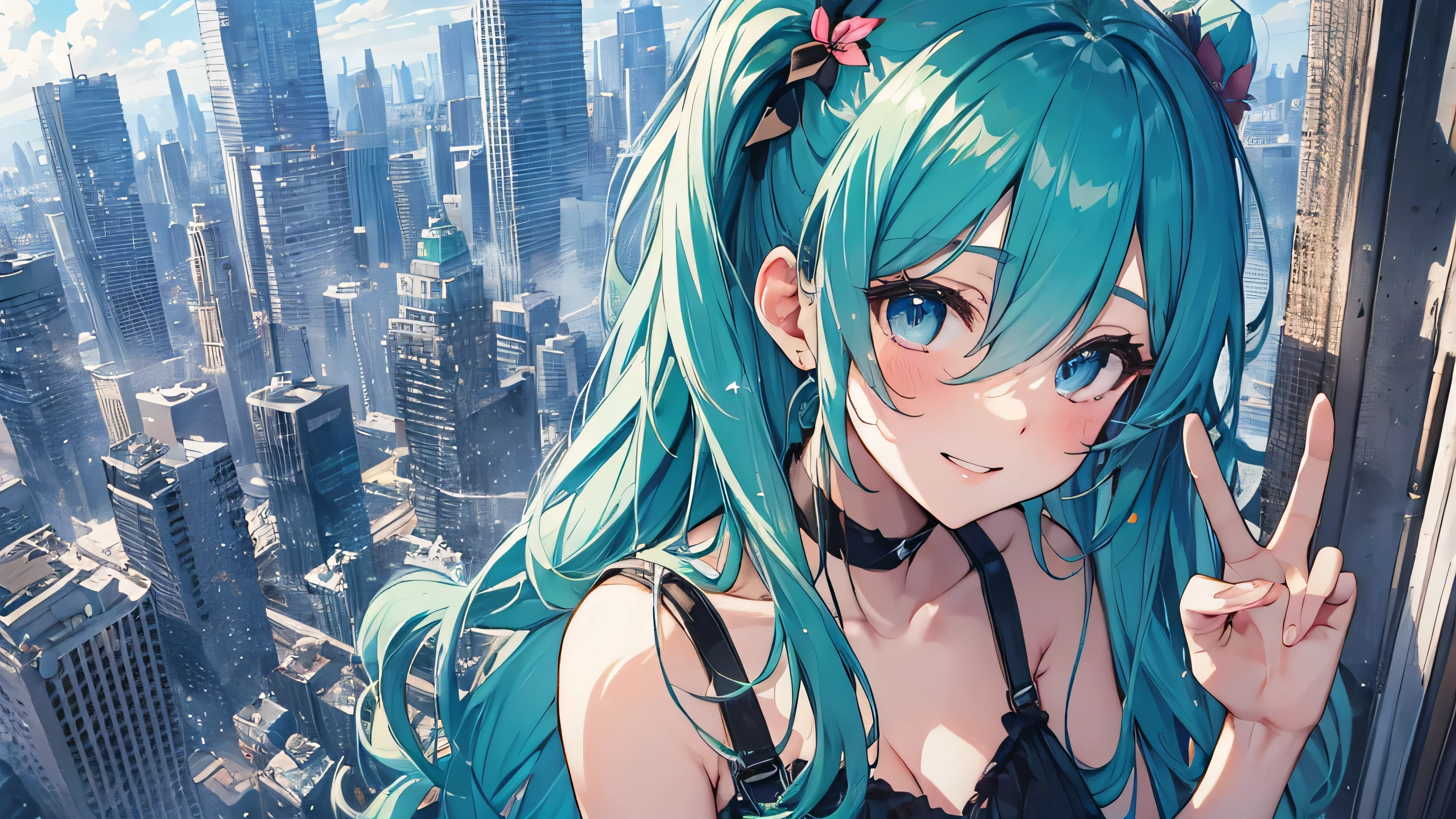 soles, masterpiece, Hatsune Miku, 1 person, solo, hair inhalation, face up, blue sky, glow white particle, (sidelighting:1.2), sun rise , pink cloud, detailed clouds, slender, Lovely small exposed breasts, super cute smile with teeth, red cheek, blushing, beautiful green hair, magic light, deep shiny blue eyes, cute girly pause, Draw your breasts inward and push them up, choker, black thin see-through blouse with green tie, blue skirt , white belt, black long grove , on the roof of building, super detailed beautiful city view background, wide shot, give wink, giving peace sign