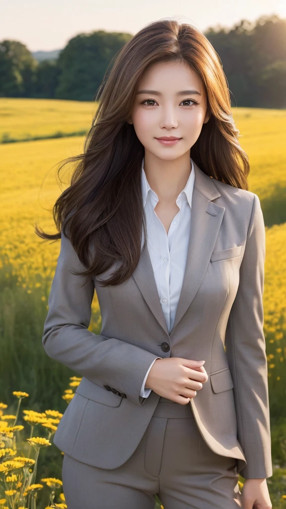 highest quality、genuine、Super detailed、finely、High resolution、8k wallpaper、one beautiful woman、、、light brown disheveled hair、wearing a business suit、sharp focus、perfect dynamic composition、beautiful and detailed eyes、thin hair、Detailed genuine skin texture、smile、model body shape、In a windswept meadow