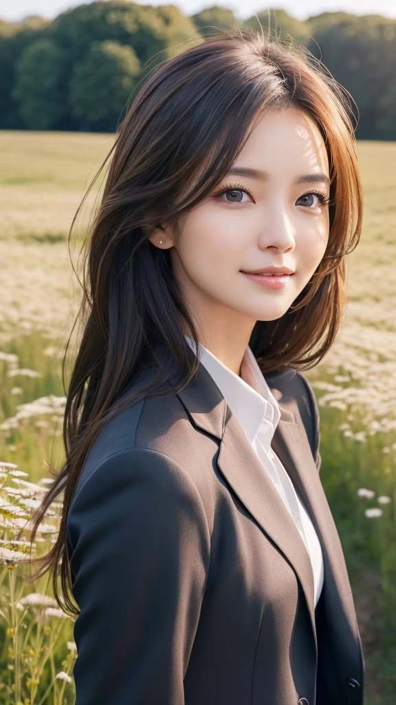highest quality、genuine、Super detailed、finely、High resolution、8k wallpaper、one beautiful woman、、、light brown disheveled hair、wearing a business suit、sharp focus、perfect dynamic composition、beautiful and detailed eyes、thin hair、Detailed genuine skin texture、smile、model body shape、In a windswept meadow