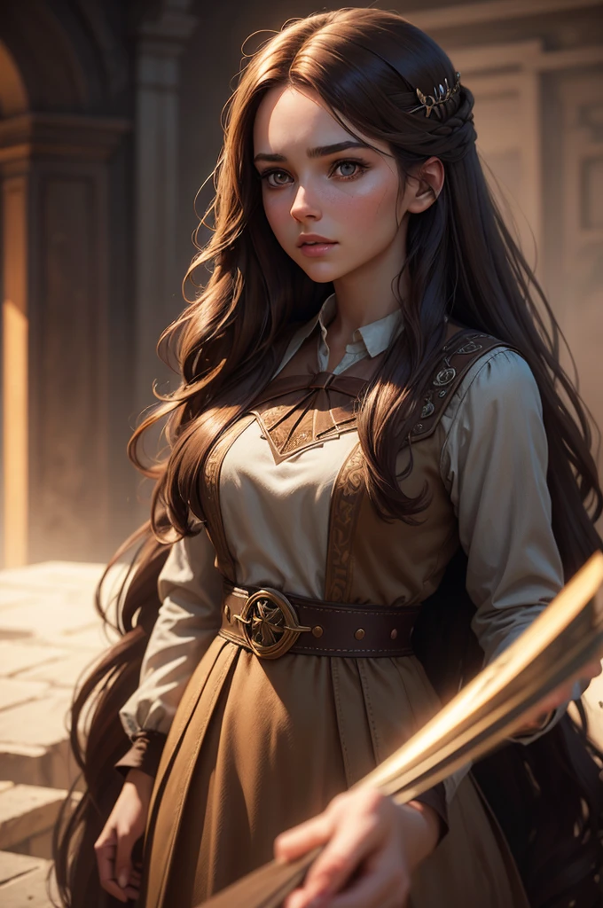 a beautiful young woman with long brown hair, modern everyday dress, fantasy character, masterfully detailed face, cinematic lighting, highly detailed, hyper realistic, octane render, muted color palette, dramatic chiaroscuro lighting