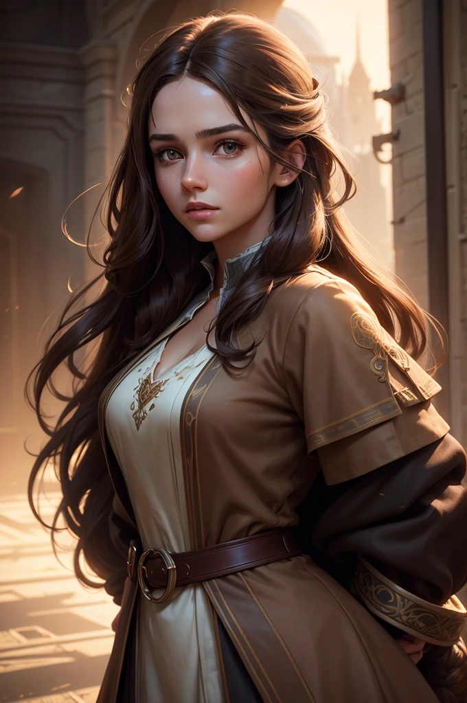 a beautiful young woman with long brown hair, modern everyday dress, fantasy character, masterfully detailed face, cinematic lighting, highly detailed, hyper realistic, octane render, muted color palette, dramatic chiaroscuro lighting