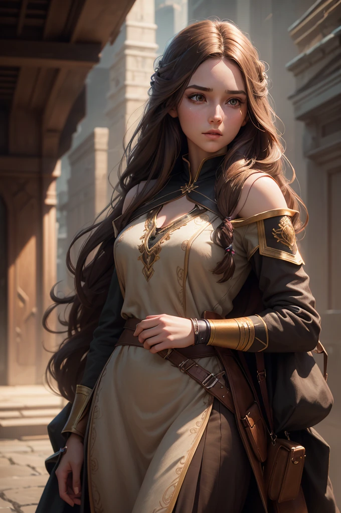 a beautiful young woman with long brown hair, modern everyday dress, fantasy character, masterfully detailed face, cinematic lighting, highly detailed, hyper realistic, octane render, muted color palette, dramatic chiaroscuro lighting