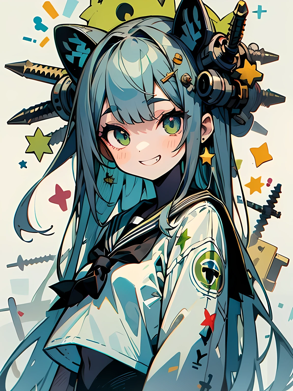 looking at viewer,solo,upperbody,(deep black very long thin hair:1.2),green star eyes,grin,Blue and white sailor for girls、Phillips head screw、Flat head screw、model pose