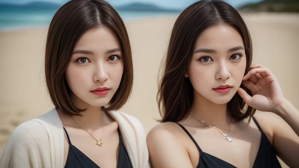 ((Photorealistic lighting, highest quality, 8k, masterpiece:1.3)), sharp focus:1.2, viewer discretion advised (New South Wales) (New South Wales) (New South Wales):1.2, ((realistic)), ((genuine light, highest quality)), model physique:1.4, (dark brown hair, chest out:1.2), short hair, single subject, setting, (25 years old:1.3), very detailed face, detailed eyes, double eyelids, necklace, wristband, eyeliner, colorful bikini, a situation that makes men’s hearts race, (large), (black dress), (seaside, beach, sandy shore)