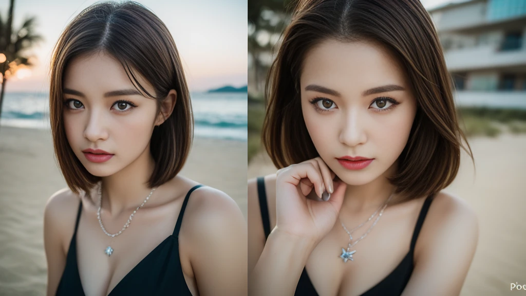 ((Photorealistic lighting, highest quality, 8k, masterpiece:1.3)), sharp focus:1.2, viewer discretion advised (New South Wales) (New South Wales) (New South Wales):1.2, ((realistic)), ((genuine light, highest quality)), model physique:1.4, (dark brown hair, chest out:1.2), short hair, single woman, lying on her back, setting, (25 years old:1.3), very detailed face, detailed eyes, double eyelids, necklace, wristband, eyeliner, colorful bikini, a situation that makes men’s hearts race, (large), (black dress), (seaside, beach, sandy shore)