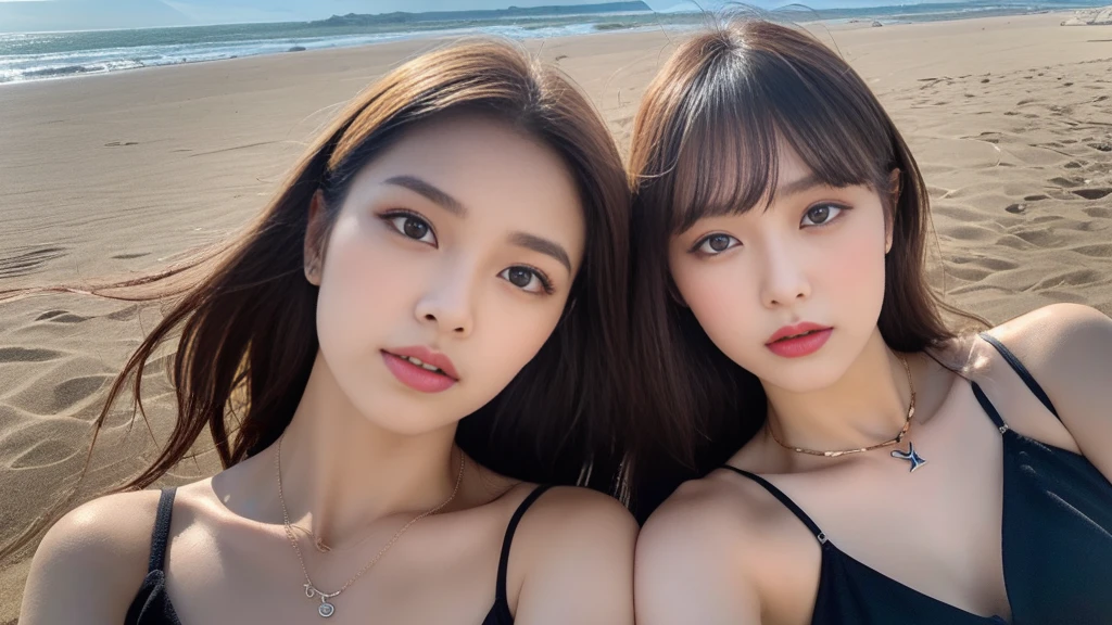 ((Photorealistic lighting, highest quality, 8k, masterpiece:1.3)), sharp focus:1.2, viewer discretion advised (New South Wales) (New South Wales) (New South Wales):1.2, ((realistic)), ((genuine light, highest quality)), model physique:1.4, (dark brown hair, chest out:1.2), short hair, single subject, setting, (25 years old:1.3), very detailed face, detailed eyes, double eyelids, necklace, wristband, eyeliner, colorful bikini, a situation that makes men’s hearts race, (large), (black dress), (seaside, beach, sandy shore)