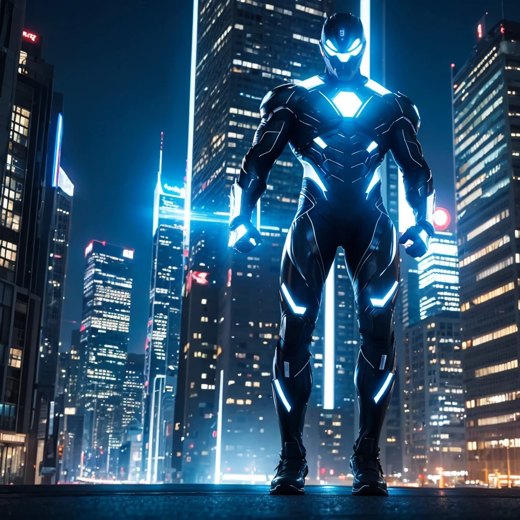 “A powerful superhero standing tall in a futuristic cityscape at dusk. The character has a muscular build, wearing a sleek, high-tech suit in shades of blue and silver, with glowing energy lines running across the suit. He has a determined expression, with short, spiked hair and a visor covering his eyes. In the background, the city lights are starting to turn on, and flying vehicles can be seen in the sky.”
