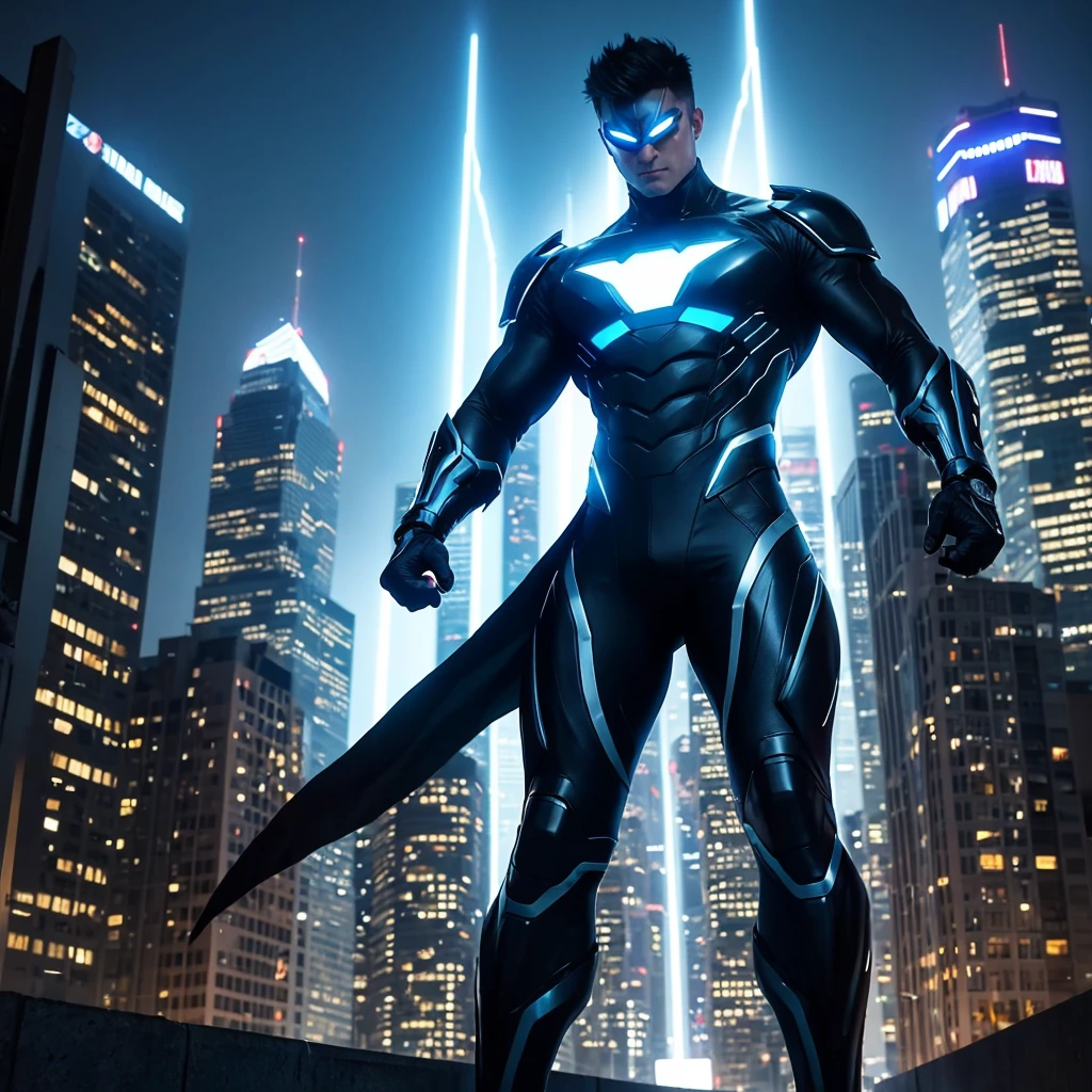 “A powerful superhero standing tall in a futuristic cityscape at dusk. The character has a muscular build, wearing a sleek, high-tech suit in shades of blue and silver, with glowing energy lines running across the suit. He has a determined expression, with short, spiked hair and a visor covering his eyes. In the background, the city lights are starting to turn on, and flying vehicles can be seen in the sky.”