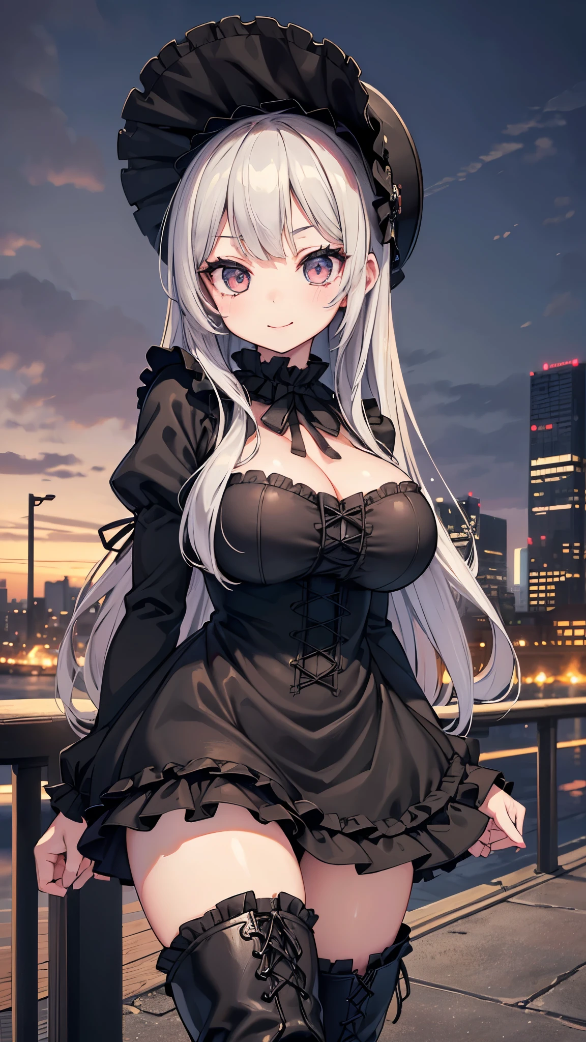 (masterpiece: 1.3、Highest quality、超High resolution、Very detailed)、(Real、Photorealistic: 1.4)、Beautifully detailed hair、Beautifully detailed face、Beautiful details、Beautiful body、Firm breasts、Beautiful thighs、Beautiful legs、Beautiful Hands、Show to the viewer、One girl、Very cute girl、Symmetrical face、、Perfect Face、Perfect Eyes、Shiny skin、((Long eyelashes、Black big eyes))、(Very large and powerful breasts)、juicy thighs、Attractive thighs)、(Cute Smile)、Cowboy Shots(RAW), Very detailedな目と顔, Beautiful attention to detail, Large file size, High resolution, High resolution, 8k wallpaper, The finer details,((Straight Hair)),(18-year-old girl),(((Very large bust))), (Photorealism),One landmine girl,(((Black Gothic Lolita Clothing)))、( Outdoor、Blurry cityscape、((Platform boots))