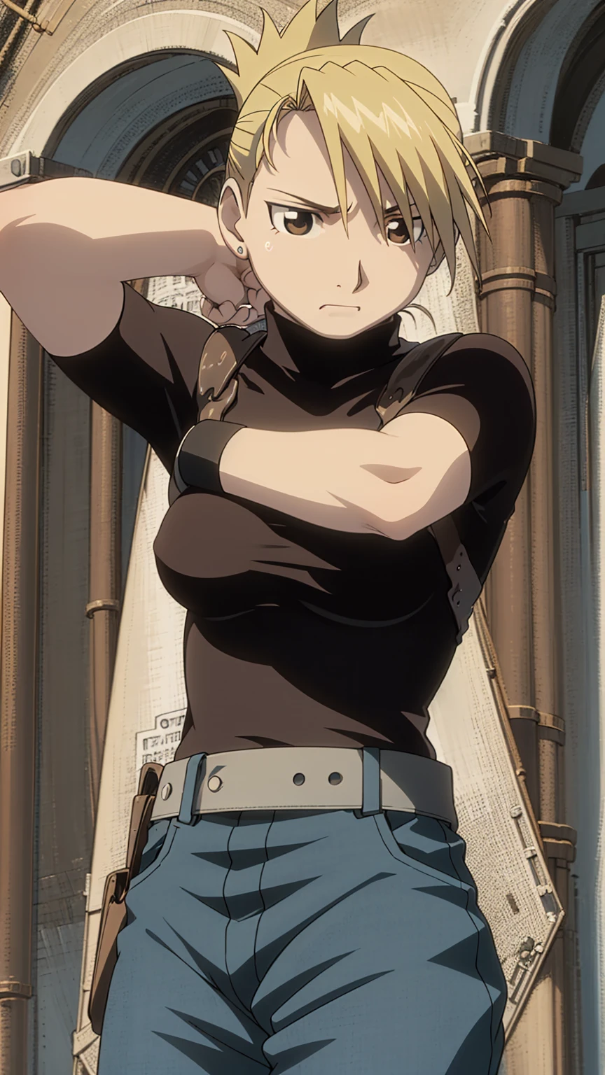 masterpiece, Highest quality, High resolution, One girl, Himliza, ponytail, Brown eyes,,Upper body close-up、big 、Nipples、Embarrassed face、Browsing Caution、Sweat、mud、Chest of torn clothes, Black Shirt, Tight shirt, holster, Short sleeve, belt, Covered navel, Blue pants,Outdoor, Remains、(Raise your arms、Armpits are fully visible)