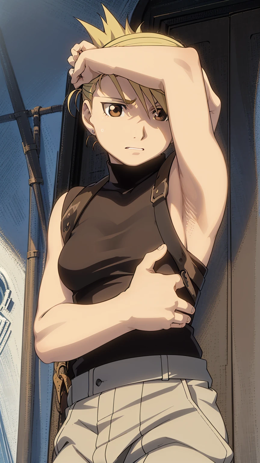 masterpiece, Highest quality, High resolution, One girl, Himliza, ponytail, Brown eyes,,Upper body close-up、big 、Nipples、Embarrassed face、Browsing Caution、Sweat、mud、Chest of torn clothes, Black Shirt, Tight shirt, holster, Short sleeve, belt, Covered navel, Blue pants,Outdoor, Remains、(Raise your arms、Armpits are fully visible)