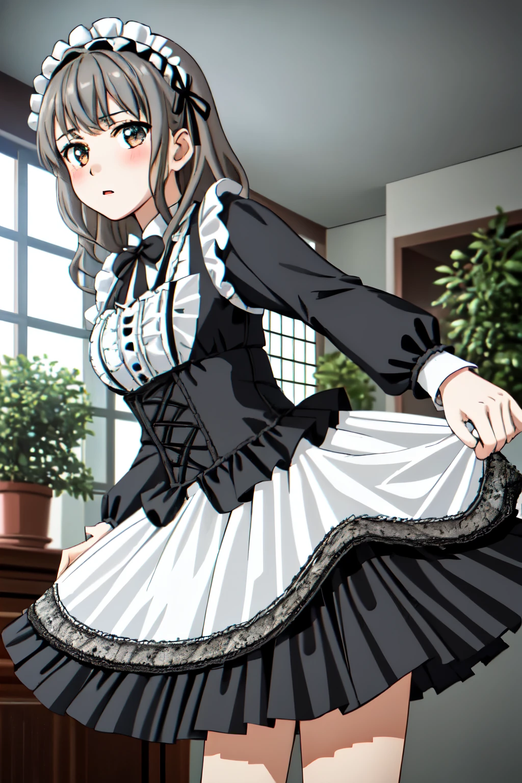 (masterpiece:1.2, top-quality, ultra high res, ultra detailed), (realistic, photorealistic:1.4), beautiful illustration, (natural side lighting, movie lighting), depth of fields, colorful,
looking at viewer, (full body, front view), 1 girl, maid, 20 years old, expressive eyes, perfect eyes, perfect face, (perfect anatomy), cute and symmetrical face,
(short hair:1.2, straight hair:1.2, brown hair), bangs, blue eyes, long eye lasher, (medium breasts), perfect balance, white skin, shiny skin, slender, bottomless,
beautiful hair, beautiful face, beautiful detailed eyes, beautiful clavicle, beautiful body, beautiful chest, beautiful thigh, beautiful legs, (detailed cloth texture),
(((closed shirt), puffy sleeves, long sleeves, black shirt, black long skirt, maid headdress, white short gloves, white short socks, black lolita shoes, white panty)),
(beautiful scenery), evening, (living room minimalist), standing, spread arms, arms bontage, (look down on with disdain, innocent big eyes:1.0, close mouth),
