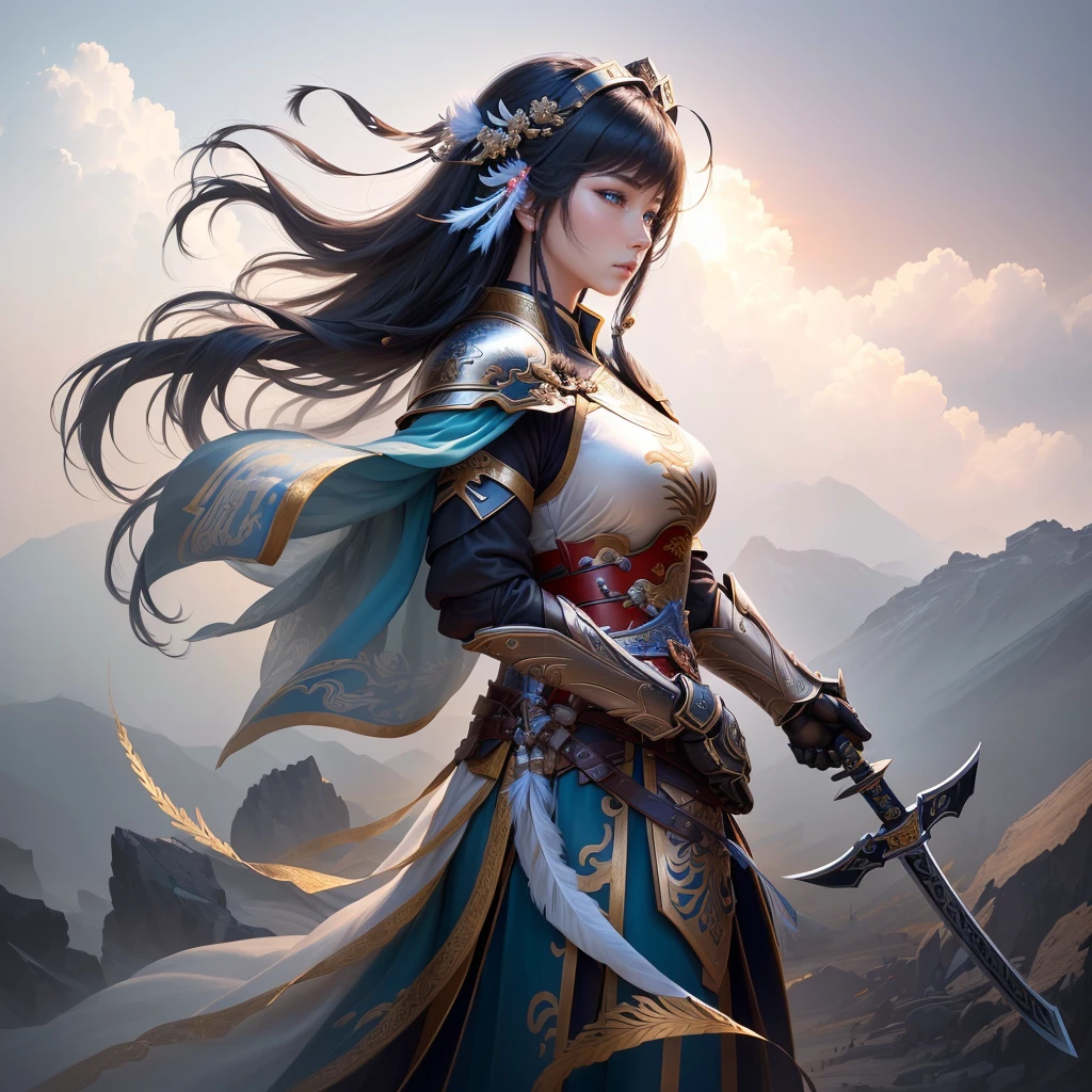 a woman in armor holding a sword and a feather, zhao yun, by Ju Lian, by Qu Leilei, chinese warrior, inspired by Shen Zhou, inspired by Li Mei-shu, by Li Zai, g liulian art style, a beautiful woman warrior, inspired by Li Rongjin, inspired by Ju Lian, beautiful character painting, xianxia hero, Highly detailed CG unit 8k wallpaper, masterpiece, High resolution, highest quality, highest quality real texture skin, Super Real, Digital Painting, Best image quality, 最High resolution, 8k, ((Highly detailed eyes and face, Beautiful eyes every detail)), profile, black hair, 大きなお尻,