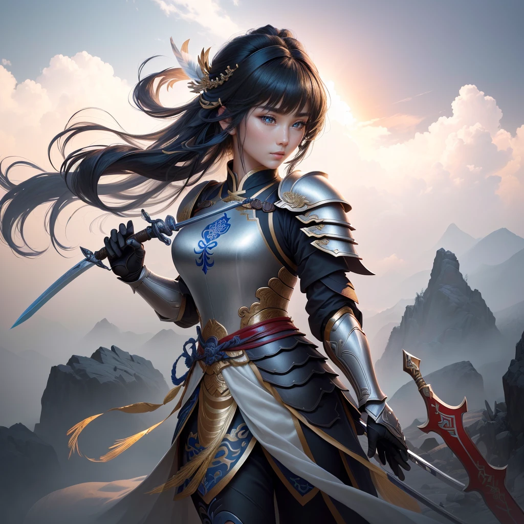 a woman in armor holding a sword and a feather, zhao yun, by Ju Lian, by Qu Leilei, chinese warrior, inspired by Shen Zhou, inspired by Li Mei-shu, by Li Zai, g liulian art style, a beautiful woman warrior, inspired by Li Rongjin, inspired by Ju Lian, beautiful character painting, xianxia hero, Highly detailed CG unit 8k wallpaper, masterpiece, High resolution, highest quality, highest quality real texture skin, Super Real, Digital Painting, Best image quality, 最High resolution, 8k, ((Highly detailed eyes and face, Beautiful eyes every detail)), profile, black hair, 大きなお尻,
