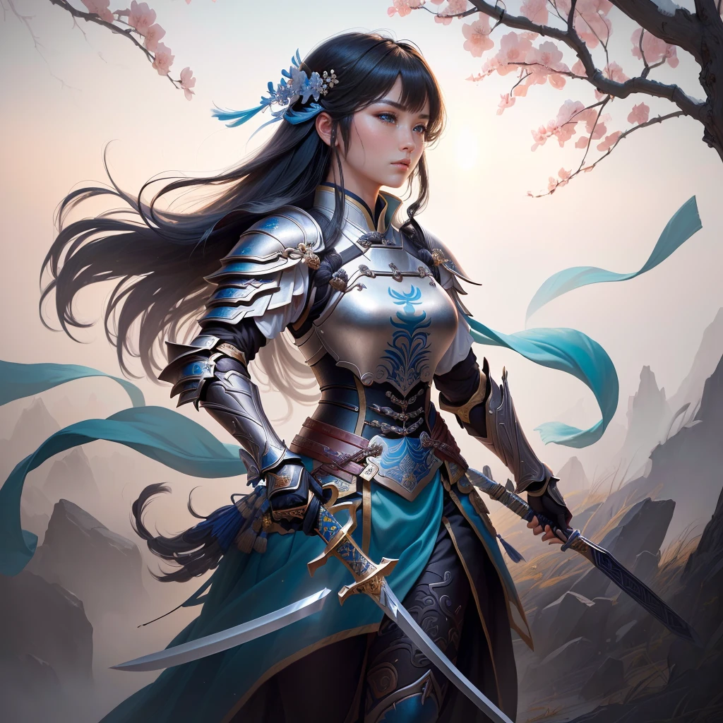 a woman in armor holding a sword and a feather, zhao yun, by Ju Lian, by Qu Leilei, chinese warrior, inspired by Shen Zhou, inspired by Li Mei-shu, by Li Zai, g liulian art style, a beautiful woman warrior, inspired by Li Rongjin, inspired by Ju Lian, beautiful character painting, xianxia hero, Highly detailed CG unit 8k wallpaper, masterpiece, High resolution, highest quality, highest quality real texture skin, Super Real, Digital Painting, Best image quality, 最High resolution, 8k, ((Highly detailed eyes and face, Beautiful eyes every detail)), profile, black hair, 大きなお尻,