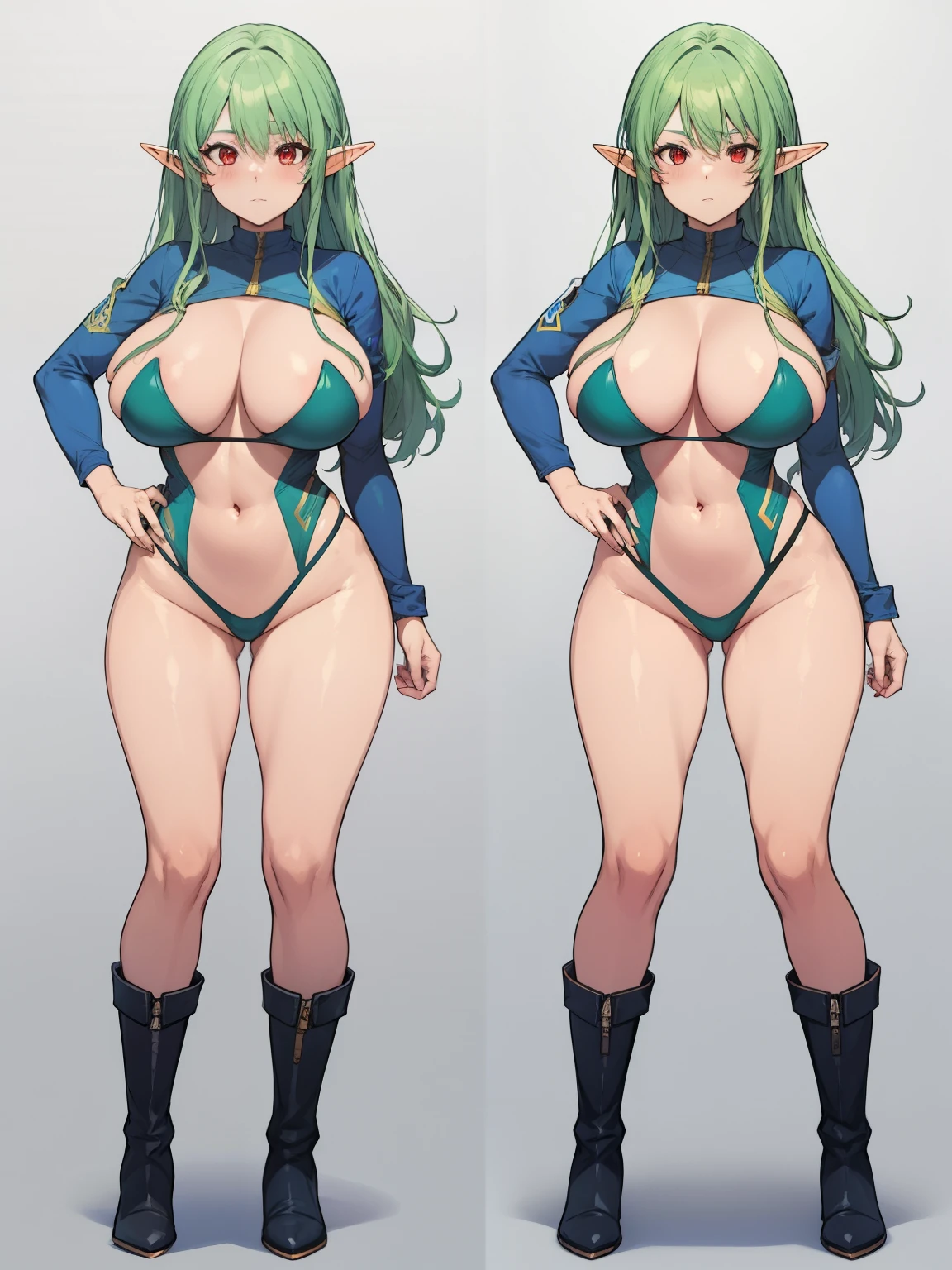 adult elf woman, red eyes, long shapely legs, giant breasts, slim body, green hair, tight suit, boots, 8k, hd, masterpiece, dynamic body, white background
