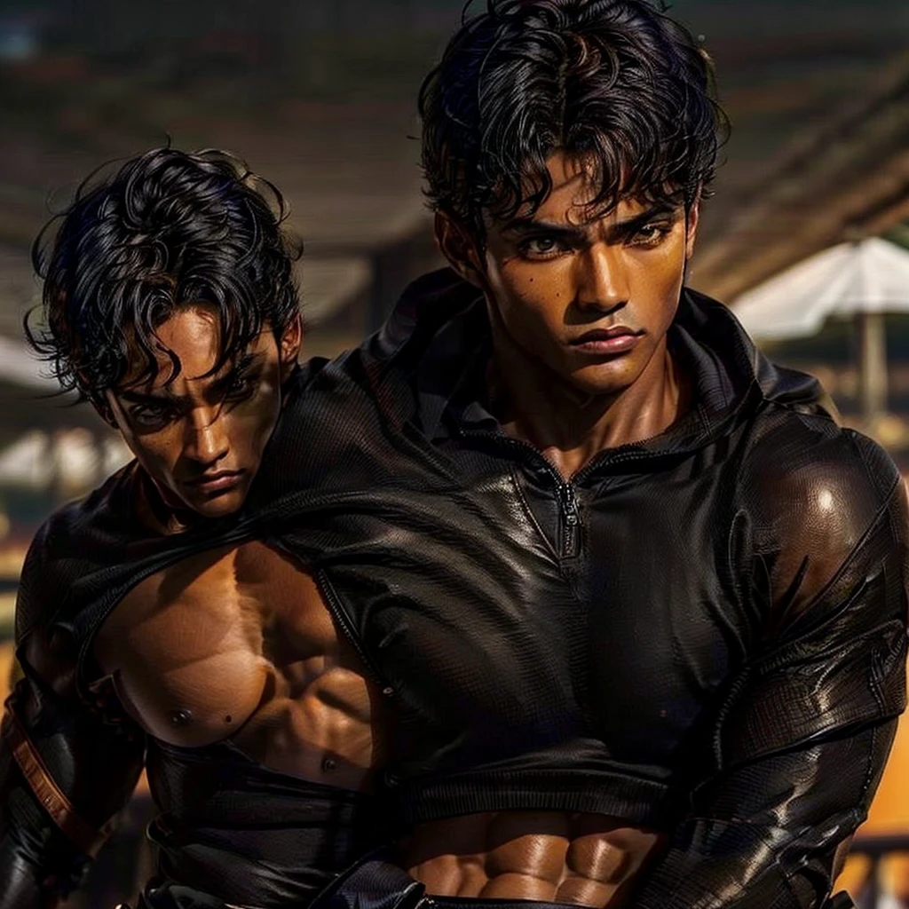 One man that is a muscular, attractive, black hair with somewhat tan skin, brown eyes, sharp jawline, thick eyebrows, racing silks outfit with bright and colorful colors inspired by polo men. Horse race track in the background With people riding horses.