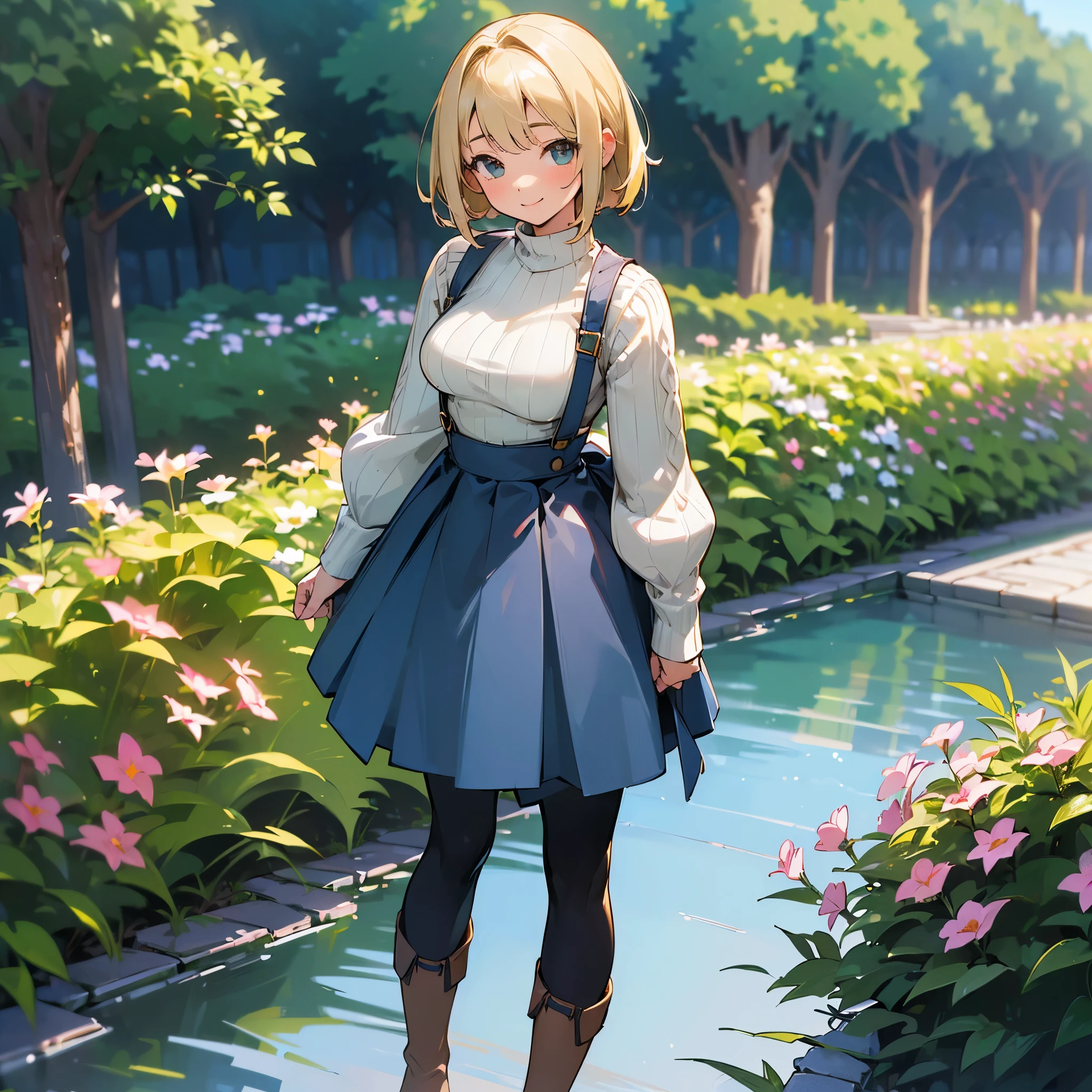 (high quality, High resolution, Very detailed, reality:1.37), Peaceful atmosphere, (Outdoor, garden), Teenage girl standing alone, (my breasts are big.), Beautiful details, Cute Smile, (Blonde Bob Hair), Ribbed sweater, Blue Skirt, Black tights, Brown boots.