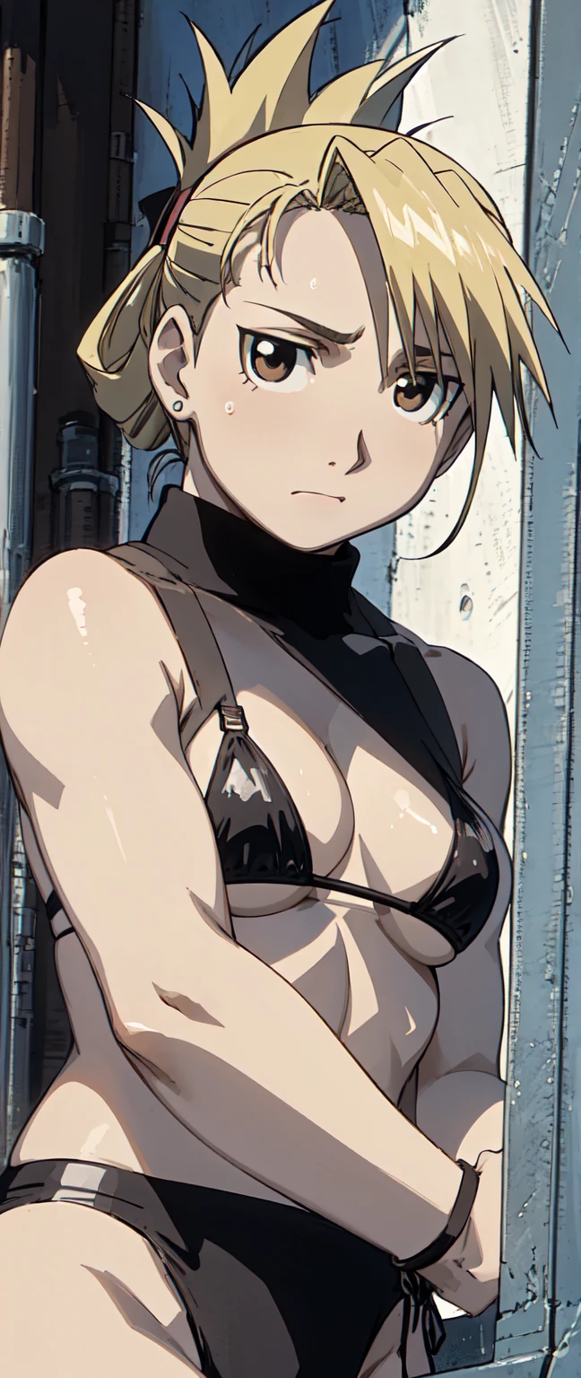 masterpiece, Highest quality, High resolution, One girl, Hamriz, ponytail, Brown eyes,big 、Upper body close-up、Muscular body、blush、Sweat、Composition from the front、anime、(((Micro Bikini)))、Outdoor swimming pool