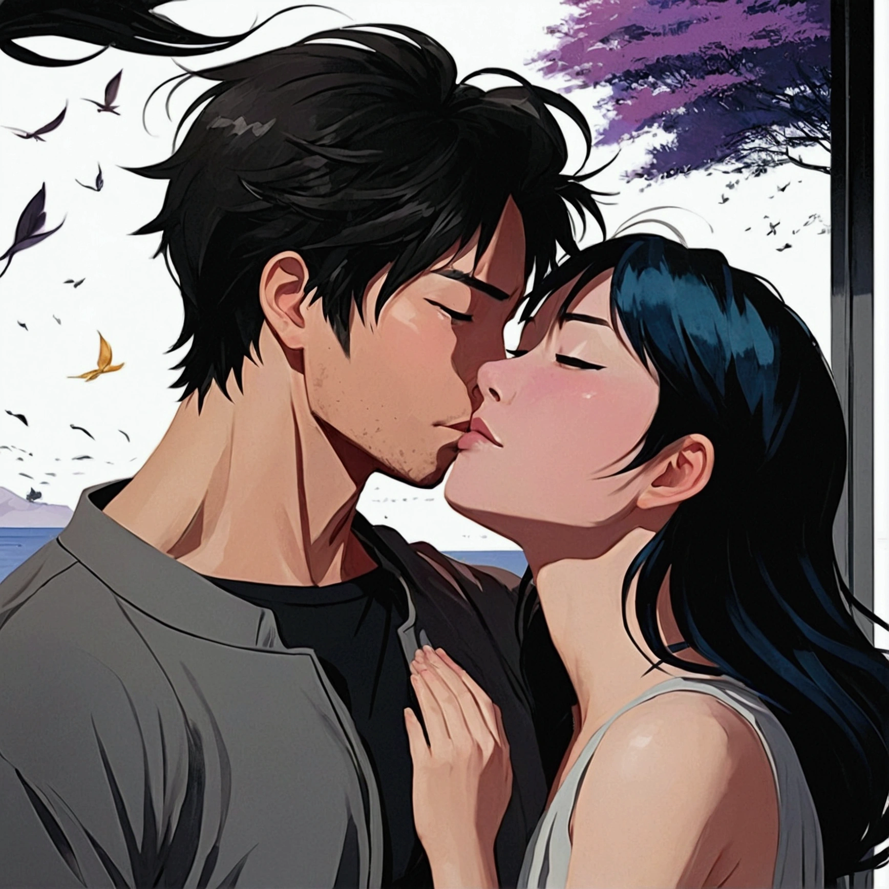 a painting, depicting a couple kissing in front of a window overlooking the ocean, Rob Rey and Kentarõ Miura style, Rob Rey and Kentarõ Miura, Rob Rei and Kentaro Miura Style, Guweiz y Makoto Sinkai, romantic painting, Sakimichan and Makoto Shinkai, love concept art, He had no strength left to resist, when he picked her up and, removing the pillows, started to put. She felt his hands on her skin.., calloused and warm. makoto shinkai y (Plaga cainova), Sakimichan and Makoto Shinkai, guweiz, kissing together, artwork in the style of guweiz
