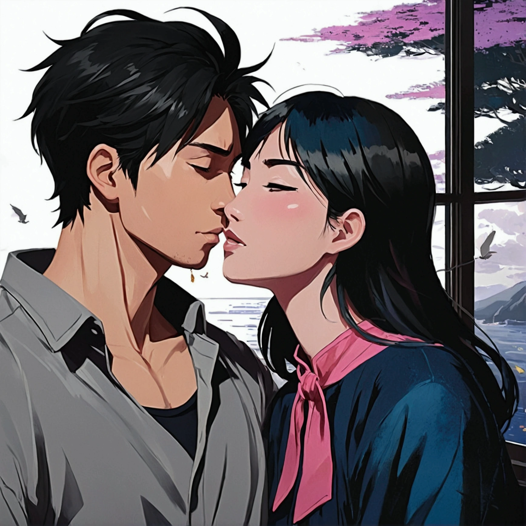 a painting, depicting a couple kissing in front of a window overlooking the ocean, Rob Rey and Kentarõ Miura style, Rob Rey and Kentarõ Miura, Rob Rei and Kentaro Miura Style, Guweiz y Makoto Sinkai, romantic painting, Sakimichan and Makoto Shinkai, love concept art, He had no strength left to resist, when he picked her up and, removing the pillows, started to put. She felt his hands on her skin.., calloused and warm. makoto shinkai y (Plaga cainova), Sakimichan and Makoto Shinkai, guweiz, kissing together, artwork in the style of guweiz