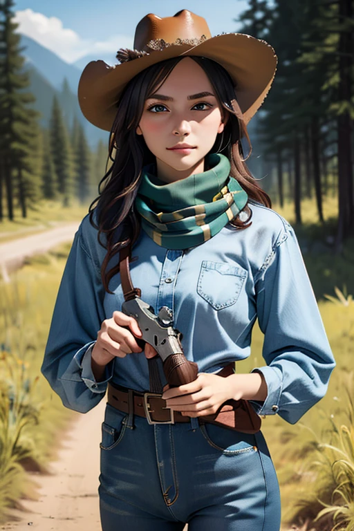 Highest quality High resolution Western Wilderness Cute girl in gunfighter clothes Ten-gallon hat Revolver pistols jeans gun belt A scarf is wrapped around the neck The background is the wilderness:1.8