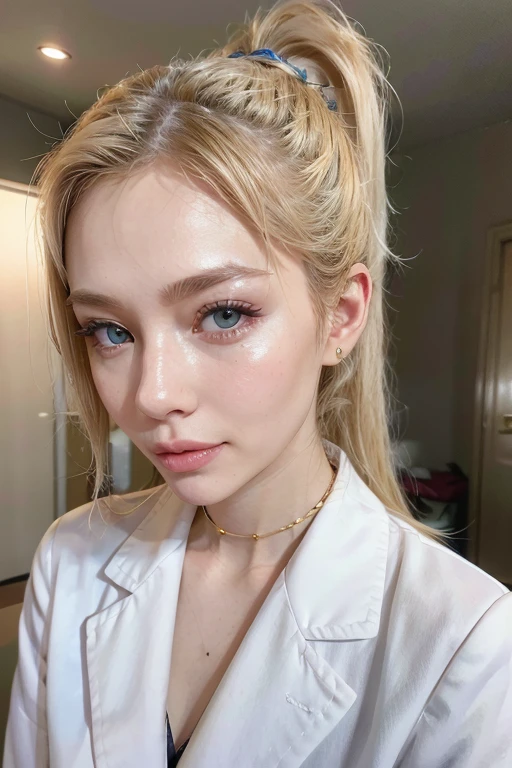 beautiful woman, Blonde, European traits, formal short foul, doctor uniform, neckline, photorealist, good lighting quality, ponytail, 3D. half-closed eye, seductive smile, biting your lips, 8k